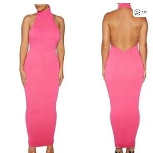 naked wardrobe Hot Pink Halter-Backless Maxi Skirt